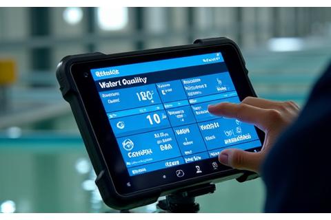 Nahaufnahme von intelligenten Sensoren, die Wasserqualitätsparameter in einer Aquakulturanlage überwachen, mit einem Tablet, das Echtzeitdaten anzeigt.