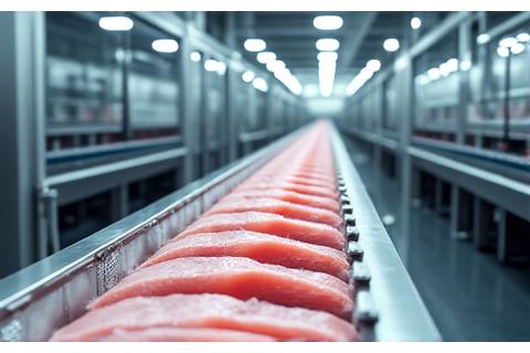 Moderne, hygienische Fischverarbeitungsmaschinen in einer Fabrik, die Fische schnell und effizient sortieren und verpacken.