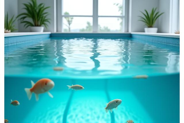Klare Blauwasser-Aquakulturbecken mit Fischen und sauberer Umgebung, symbolisierend Umweltschutz und Innovation.