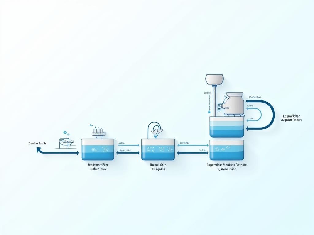 Interaktiver Kreislaufdiagramm der RAS-Technologie mit Fischbecken, mechanischem Filter, biologischem Filter, Entgasung und Sauerstoffanreicherung.